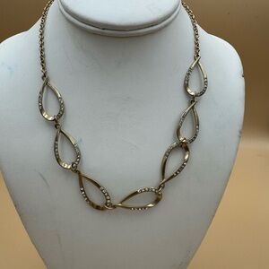 Gold Tone Open Teardrop Link Necklace with Crystal Accents. 83